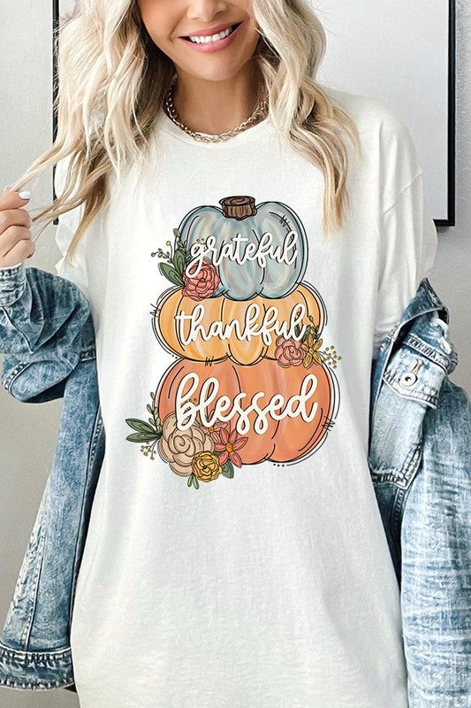 Grateful, Thankful & Blessed Stacked Pumpkin Graphic Tee
