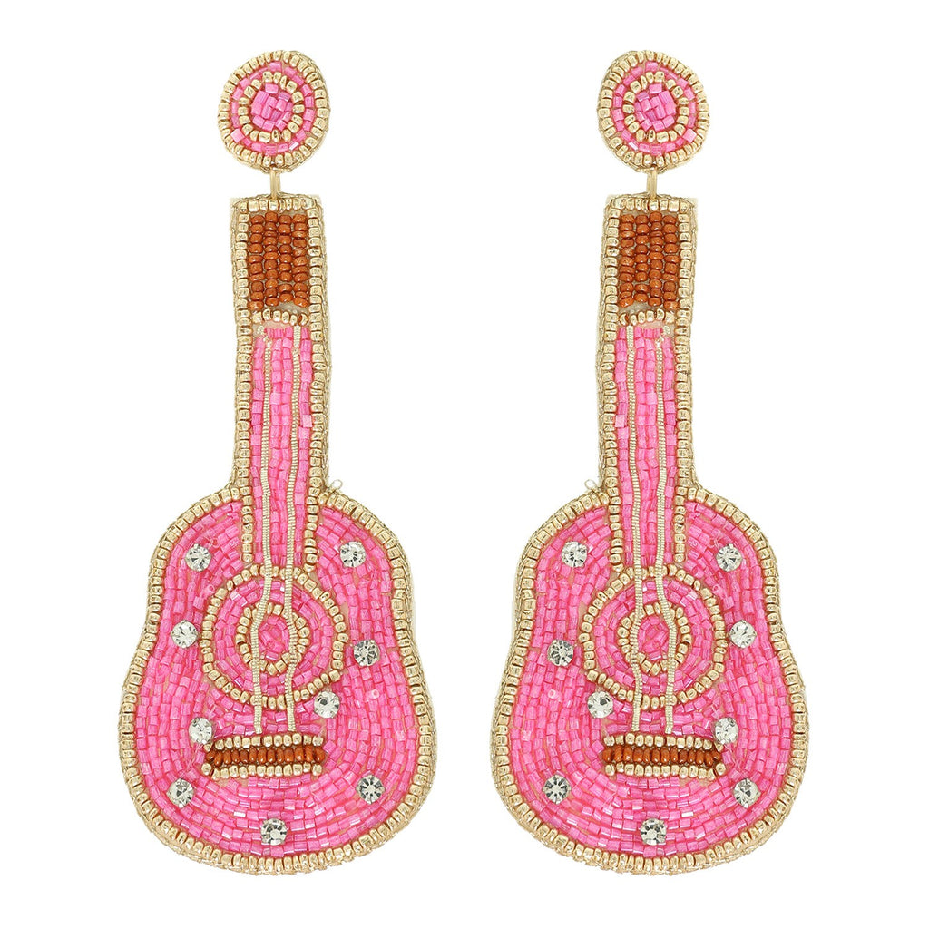 Pink Acoustic Guitar Embroidered Earrings