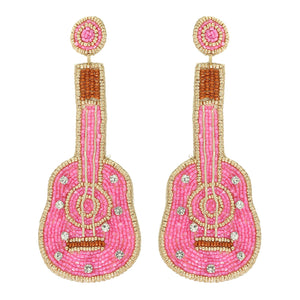 Pink Acoustic Guitar Embroidered Earrings