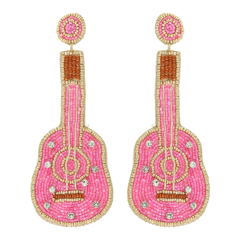 Pink Acoustic Guitar Embroidered Earrings