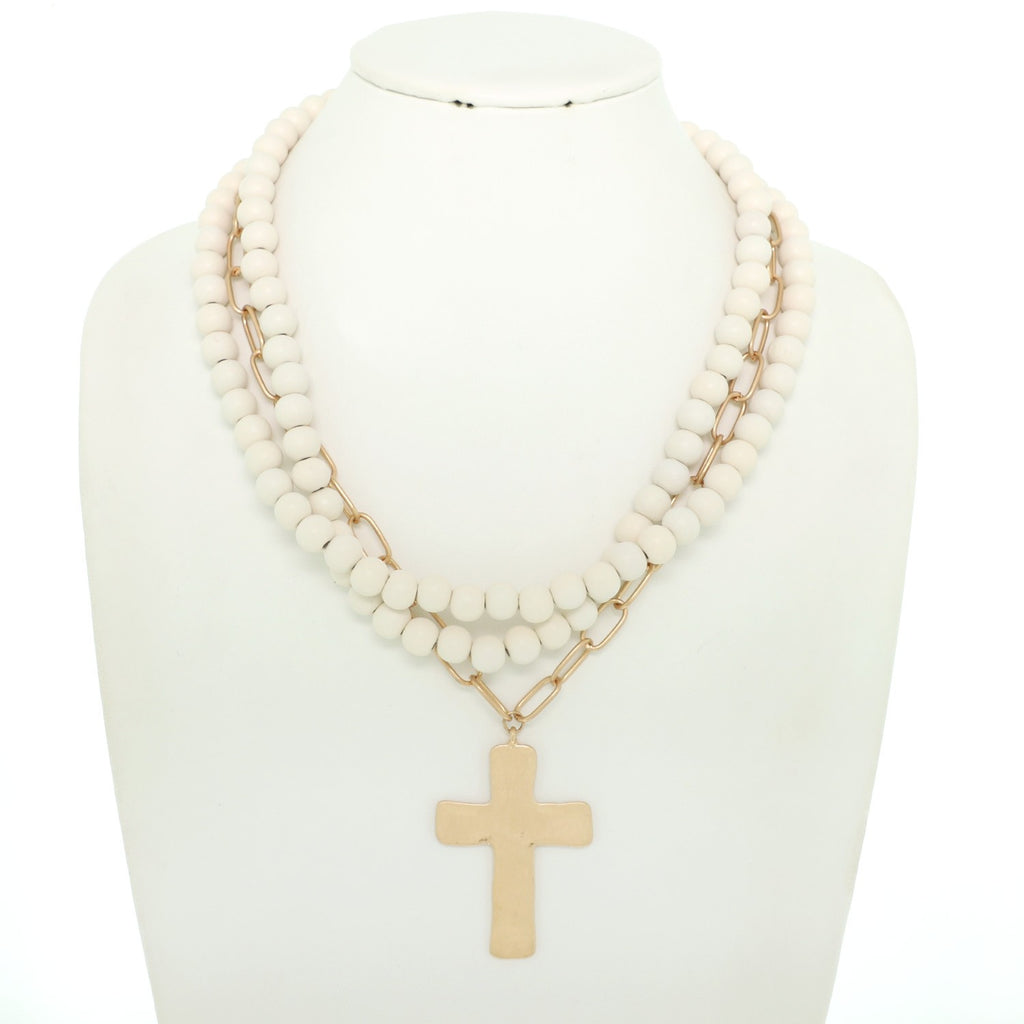 Josette Ivory Layered Cross Beaded Necklace