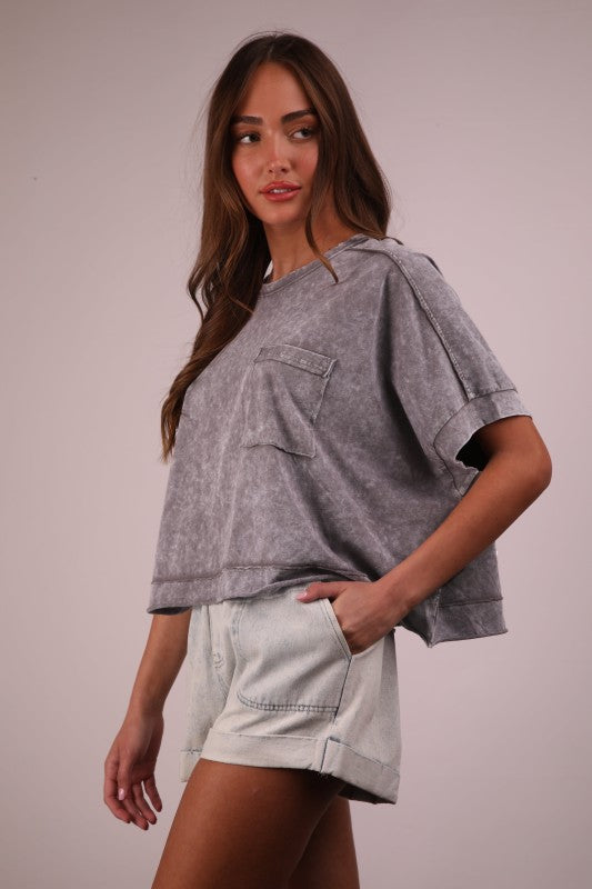 Faded Grace Black Mineral Washed Cropped Knit Top