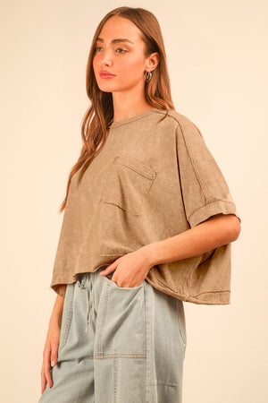 Faded Grace Taupe Mineral Washed Cropped Knit Top