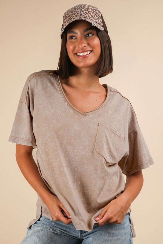 Easy Street Taupe Mineral Washed V-Neck Tee