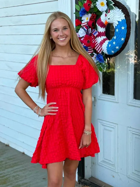 simply southern dresses Red Textured Puff Sleeve Dress elegant Size:6XL Double Straps Flowers Floor-Length No lining Sizing