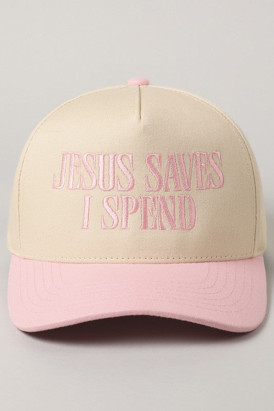 Jesus Saves I Spend Light Pink Embroidered Trucker Hat