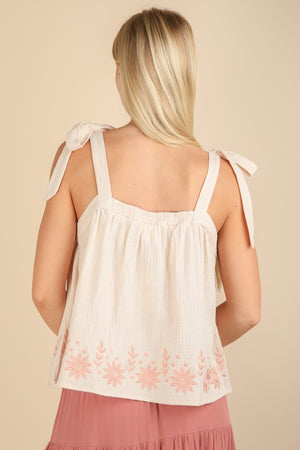 Bloom & Bow Natural Floral Embroidered Tie Shoulder Top