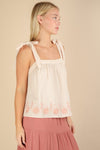 Bloom & Bow Natural Floral Embroidered Tie Shoulder Top