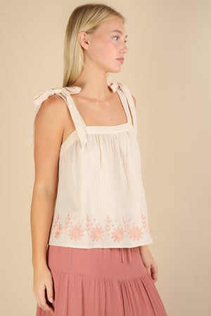 Bloom & Bow Natural Floral Embroidered Tie Shoulder Top