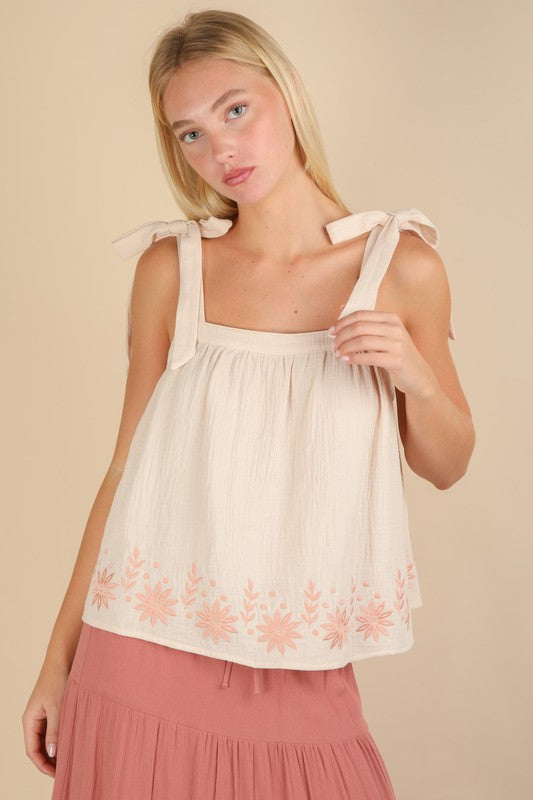 Bloom & Bow Natural Floral Embroidered Tie Shoulder Top