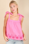 Bloom & Bow Pink Floral Embroidered Tie Shoulder Top