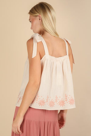 Bloom & Bow Natural Floral Embroidered Tie Shoulder Top