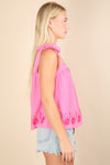 Bloom & Bow Pink Floral Embroidered Tie Shoulder Top