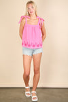 Bloom & Bow Pink Floral Embroidered Tie Shoulder Top