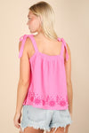Bloom & Bow Pink Floral Embroidered Tie Shoulder Top