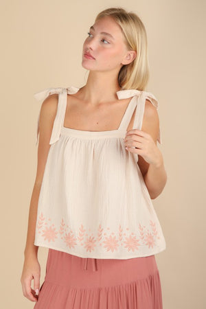 Bloom & Bow Natural Floral Embroidered Tie Shoulder Top