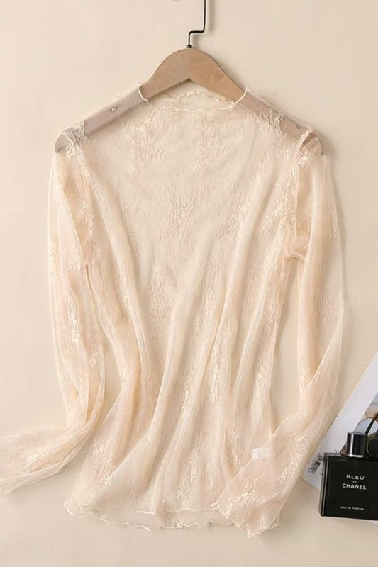 Ethereal Bloom Apricot Lace Mesh Sheer Top