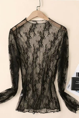 Ethereal Bloom Black Lace Mesh Sheer Top