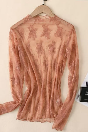 Ethereal Bloom Brick Red Lace Mesh Sheer Top