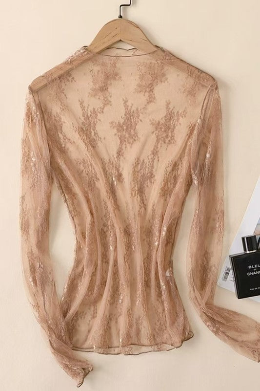 Ethereal Bloom Coffee Lace Mesh Sheer Top