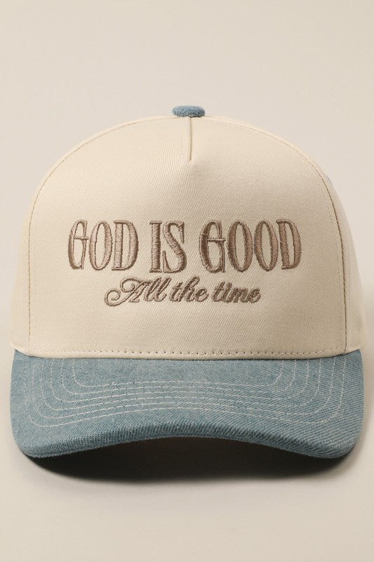 God Is Good Denim Embroidered Trucker Hat