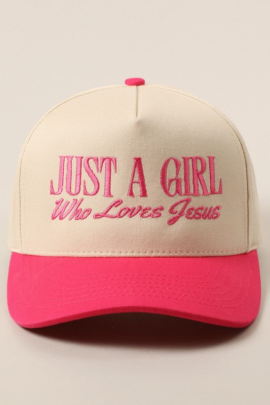 Just A Girl Who Loves Jesus Hot Pink Embroidered Trucker Hat