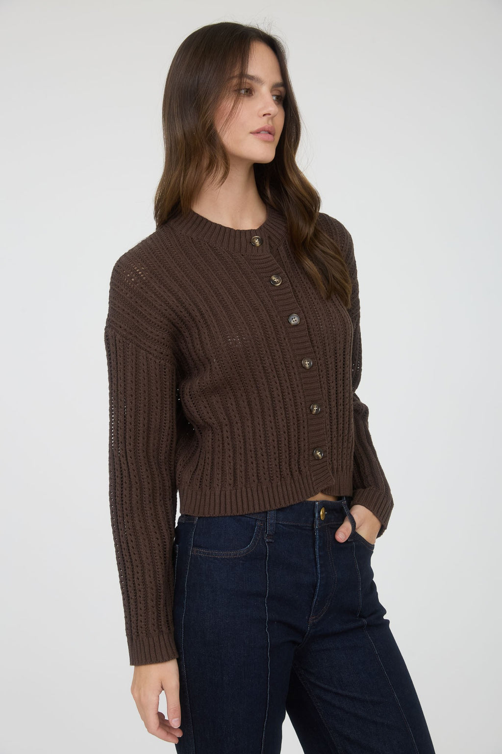 Wren Chocolate Button Down Sheer Cable Knit Cardigan