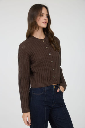 Wren Chocolate Button Down Sheer Cable Knit Cardigan