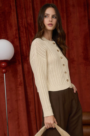 Wren Oatmeal Button Down Sheer Cable Knit Cardigan