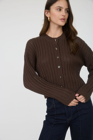 Wren Chocolate Button Down Sheer Cable Knit Cardigan
