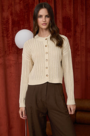Wren Oatmeal Button Down Sheer Cable Knit Cardigan