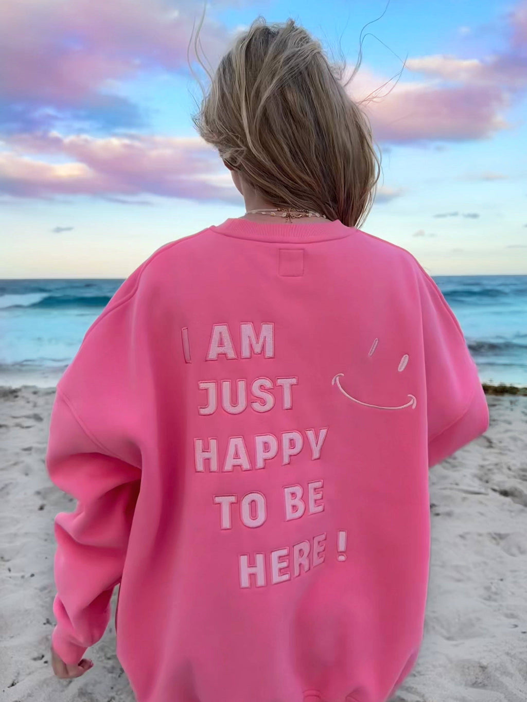 Sunkissed Coconut I Am Just Happy To Be Here Hibiscus Pink Embroidered Sweatshirt