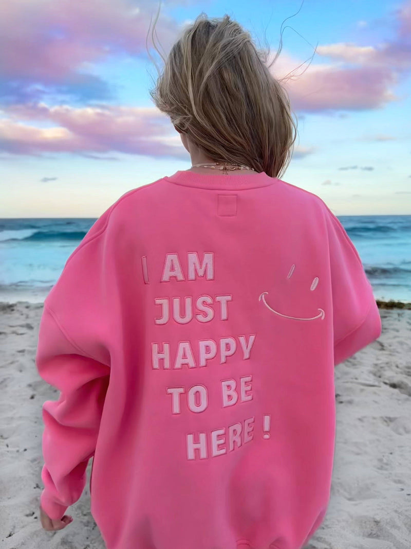 Sunkissed Coconut I Am Just Happy To Be Here Hibiscus Pink Embroidered Sweatshirt