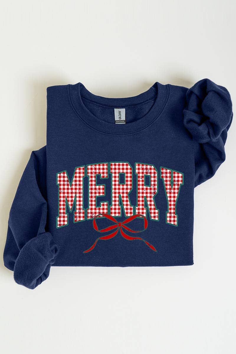 Plaid Merry Christmas Bow Navy Sweatshirt