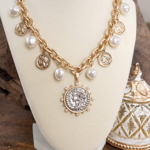Boho Coin and Pearl Charms Silver Statement Necklace
