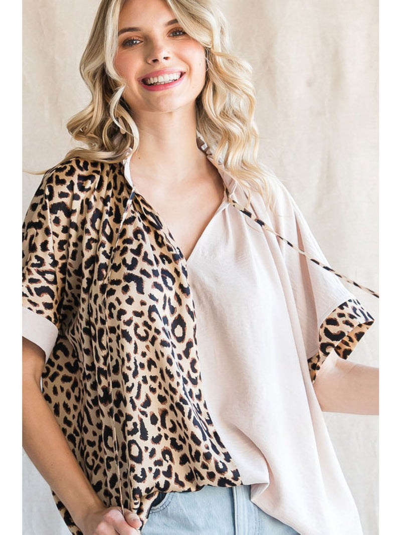 Dare To Be Wild Oatmeal Leopard Colorblock Top