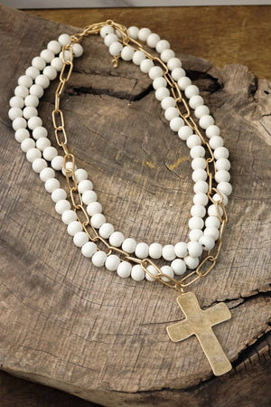 Ever Near Multi-Strand Cream Wood Beads Cross Necklace