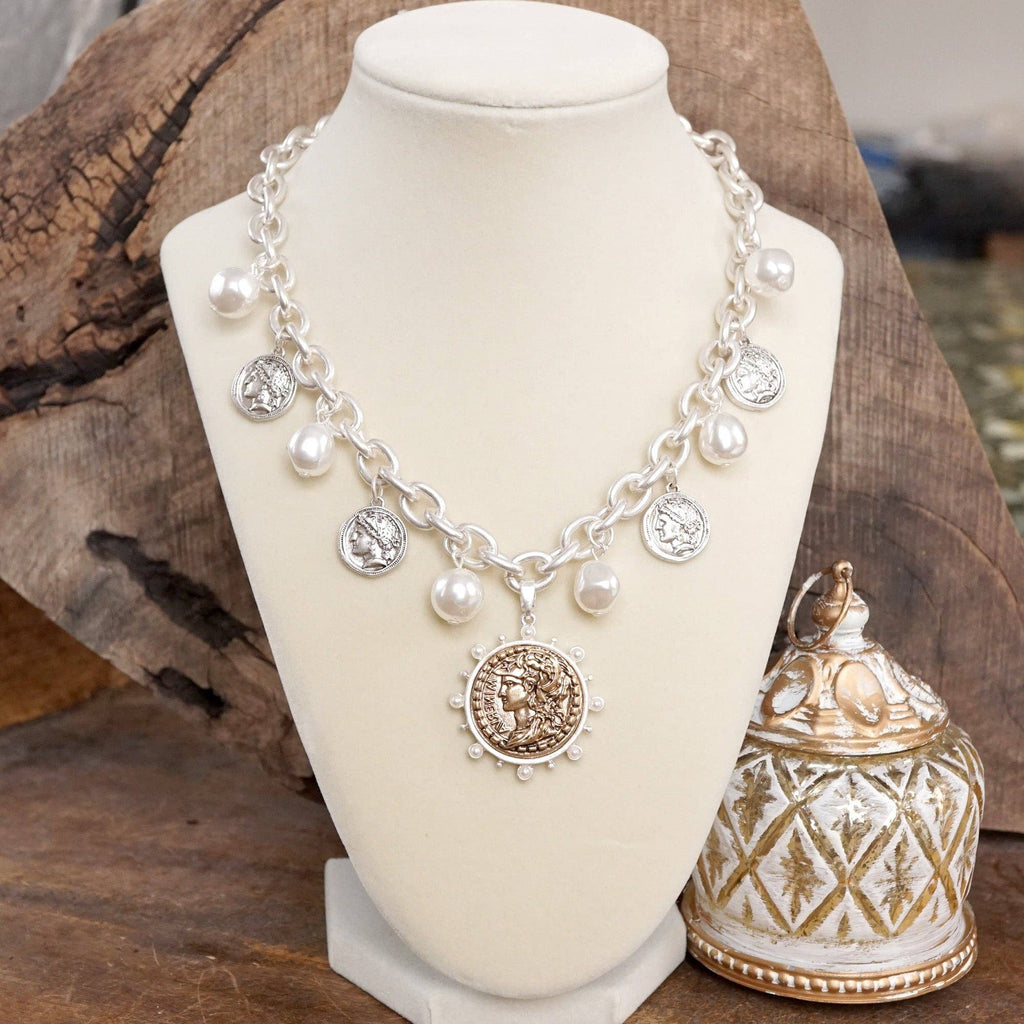 Boho Coin and Pearl Charms Silver Statement Necklace