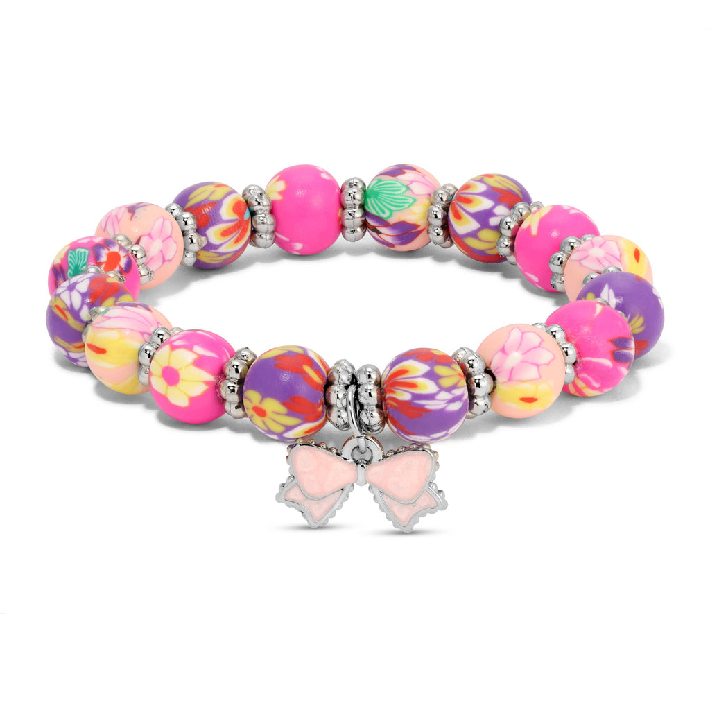 Pink & Purple Floral Kids Clay Beaded Stretch Charm Bracelets