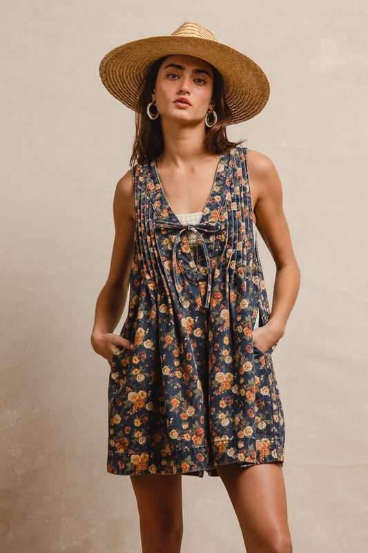 Bless My Blooms Washed Floral Denim Romper