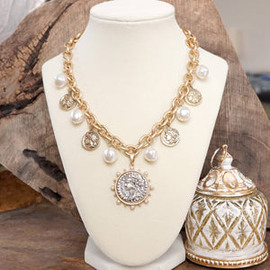 Boho Coin and Pearl Charms Silver Statement Necklace