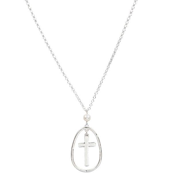 Hammered Metal Ring And Cross Pendant Silver Necklace