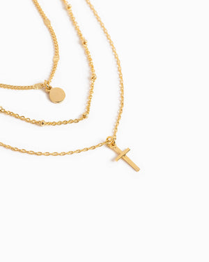 Triple Layered Necklace with Cross & Disc Pendant