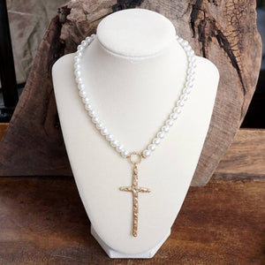 Primitive Cross Gold Pearl Necklace