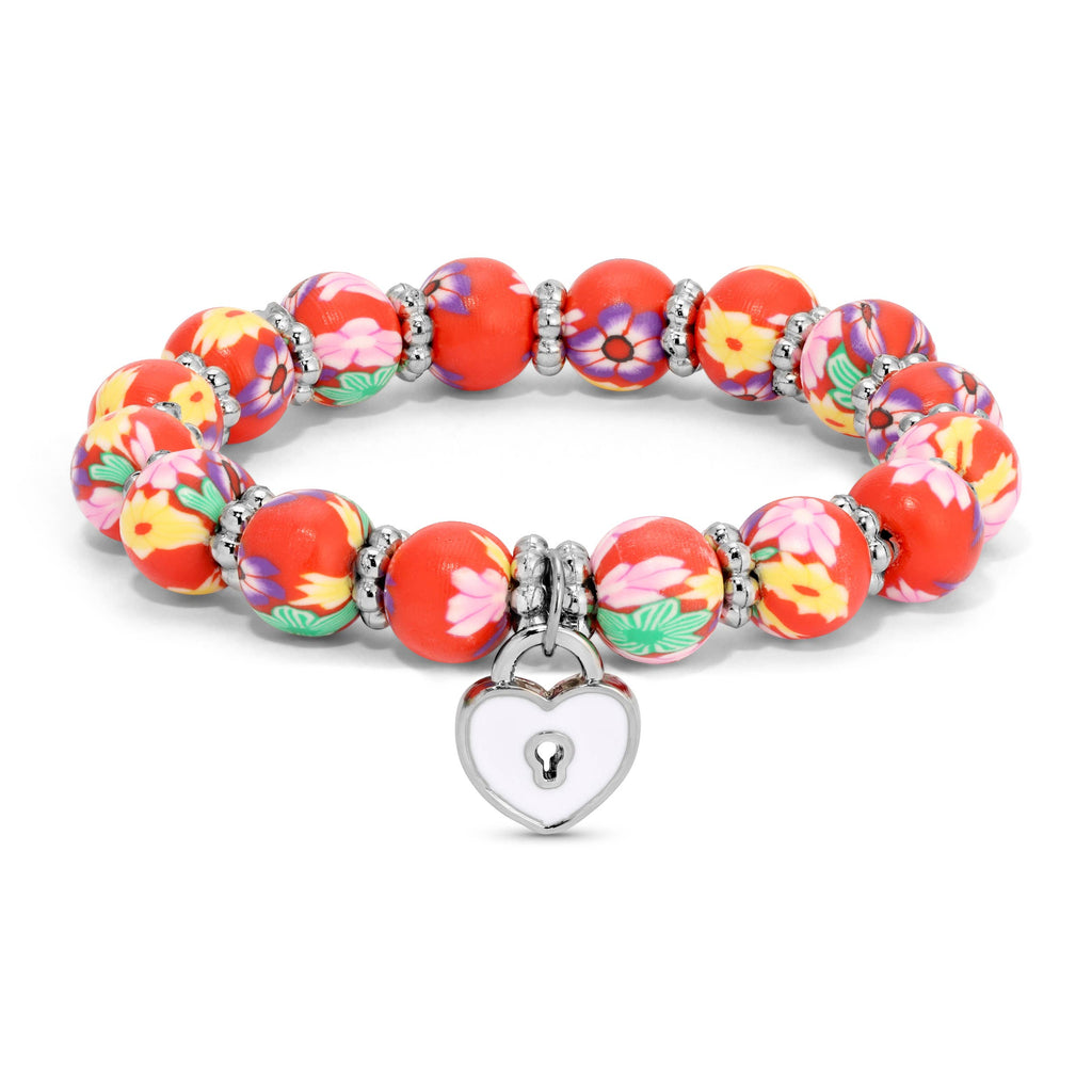 Red Floral Kids Clay Beaded Stretch Charm Bracelets