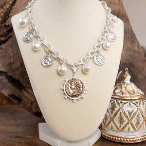 Boho Coin and Pearl Charms Silver Statement Necklace