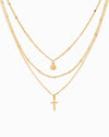 Triple Layered Necklace with Cross & Disc Pendant