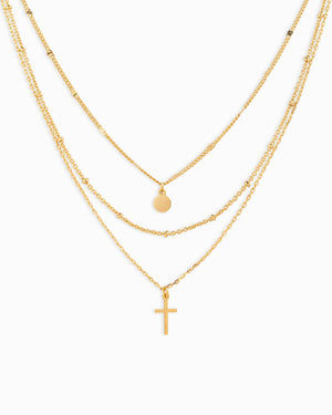 Triple Layered Necklace with Cross & Disc Pendant