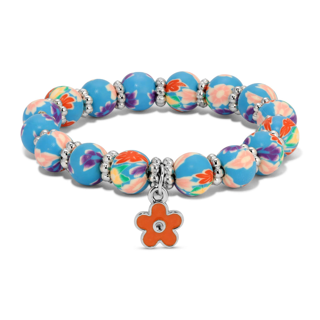 Blue Floral Kids Clay Beaded Stretch Charm Bracelets
