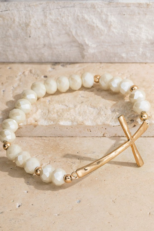 Ivory Hammered Metal Cross Bracelet
